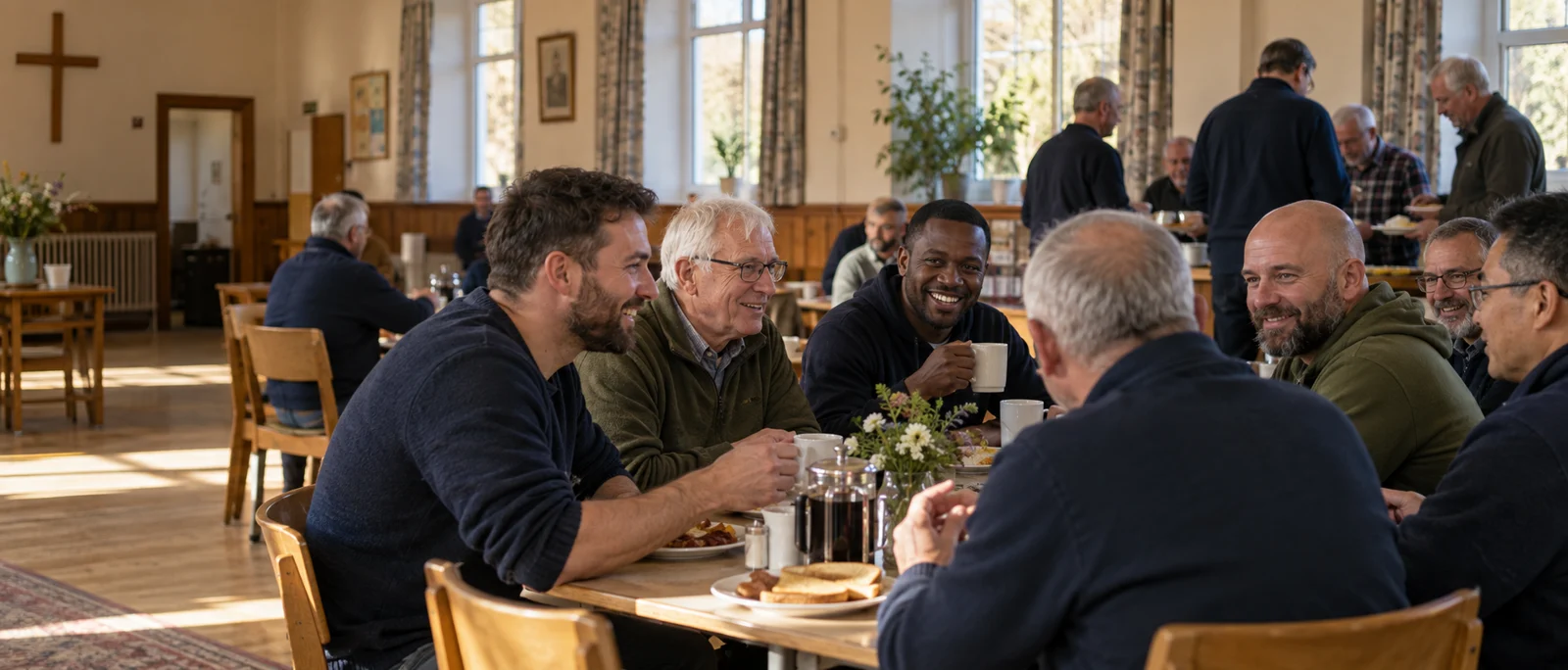 Illustration of men sharing breakfast and conversation around a table